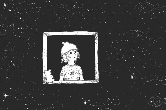 Illustration of boy looking out of window into space